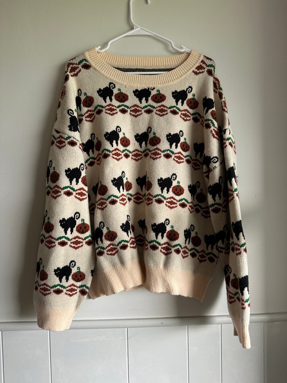 ROMWE XL Halloween Cat Pumpkin Knit Sweater Cream Black Orange Fall Pullover